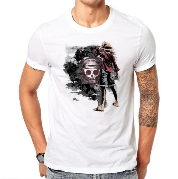 

Хлопок Аниме Мужчины Tshirt Смешной Луффи T Рубашки Одежда One Piece Tee Shirt White O-образным в