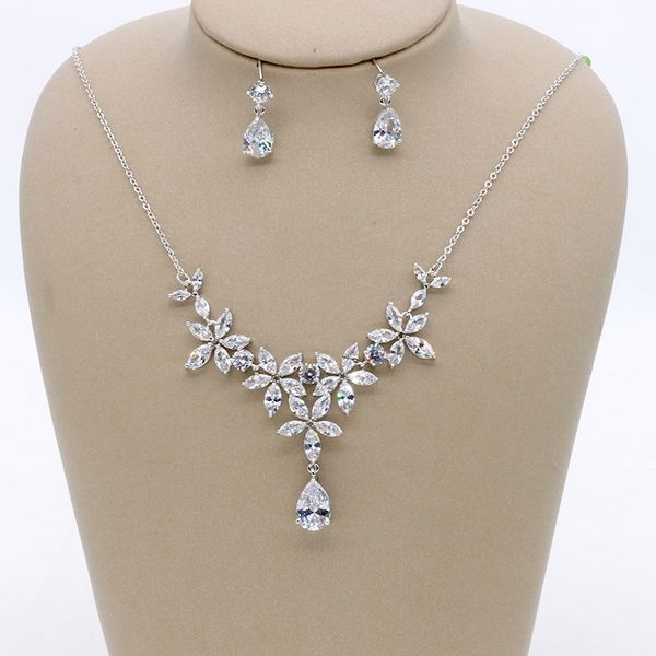 

dower me fashion flower zirconia bridal necklace earrings set wedding prom women jewelry sets accessories, Slivery;golden