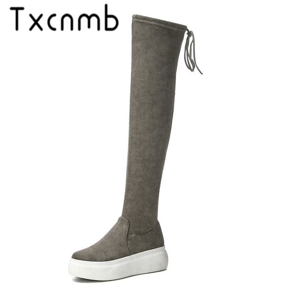 

txcnmb over the knee boots women winter suede leather round toe platform high heel boots zipper shoes woman, Black