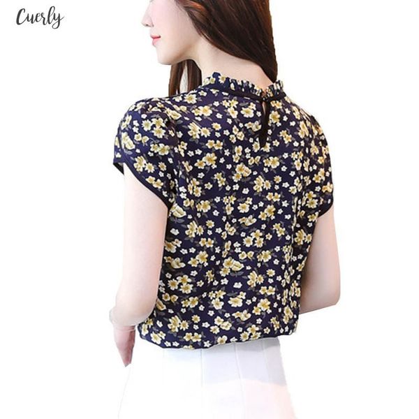 

new blusas femininas summer floral print chiffon blouse ruffled collar bow neck shirt petal short sleeve chiffon, White