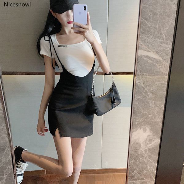 

dress slim-fit square collar short-sleeved bottoming shirt women's two-piece suit summer skirt suit fashion, White;black
