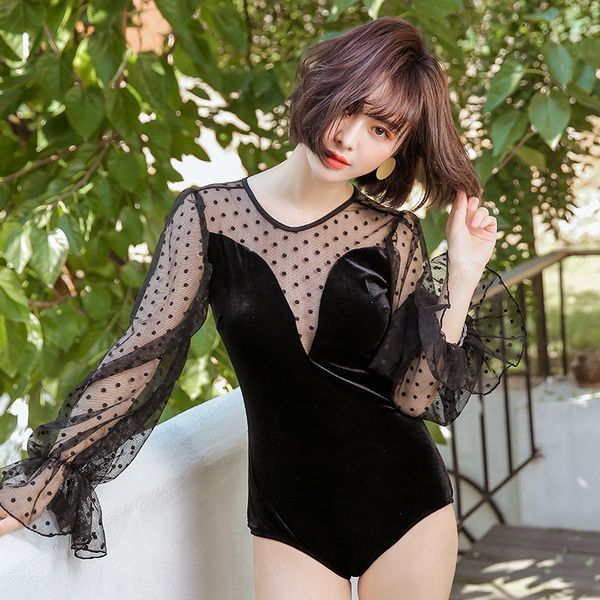 

black lace lace velvet long-sleeved one-piece swimsuit women's triangle slim belly-covering thin backless spring swimsuit, White;black