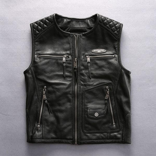 

motorcycle 2020 men's fashion brand slim fit sleeveless cow leather jacket men zipper o-neck biker vest male, Black