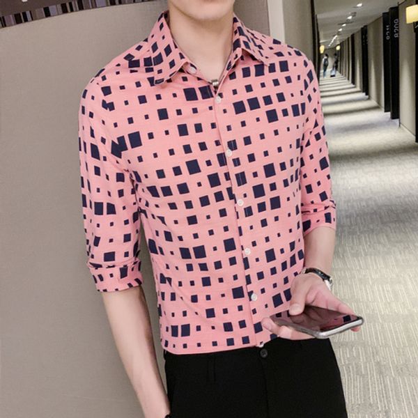 

loldeal summer three-quarter sleeve irregular plaid shirt men, White;black