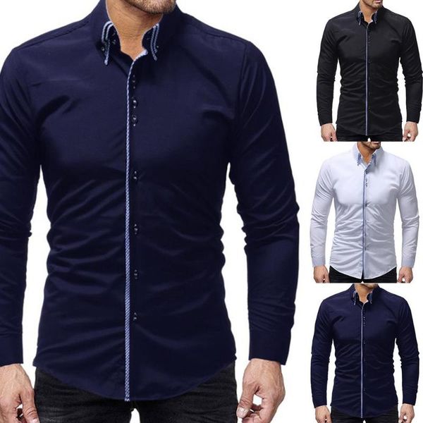 

men solid color long sleeve turn down collar buttons cotton slim business shirt, White;black