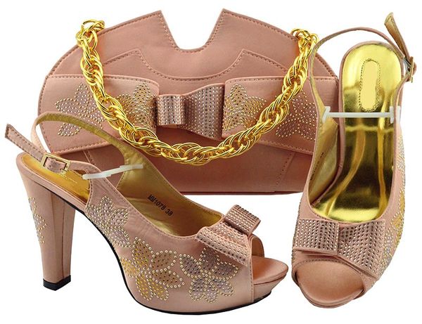 

Nice looking peach women pumps match handbag set with rhinestone and bowtie style african shoes and bag for party dress MM1078,heel 11.5CM