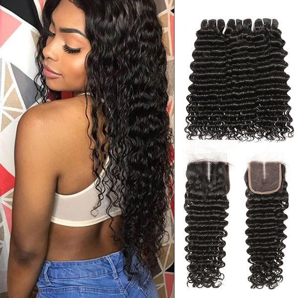 

4 штук монгольской глубокая волна связки с закрытием deep curly человеческих волос пучки с closure фигурные плетение связки монгольский воло, Black;brown