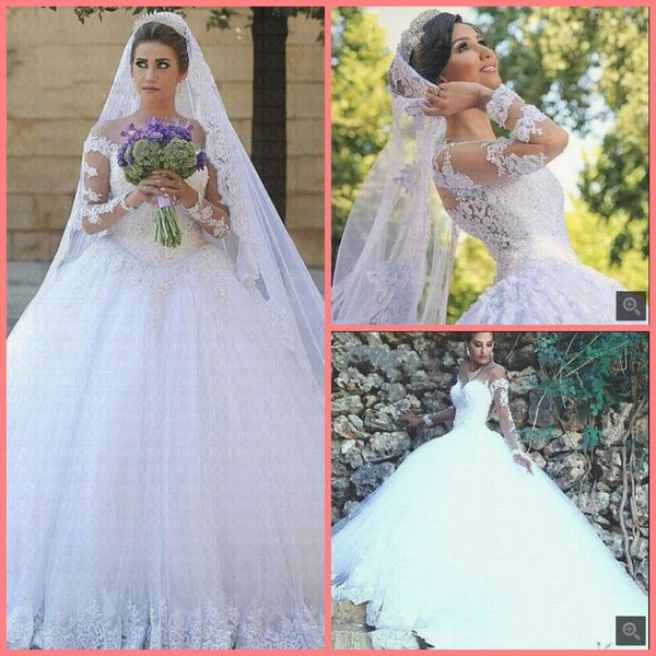 

2019 new arrival ball gown white lace appliques stylish beaded wedding dress long sleeve modest muslim women bride gowns sale