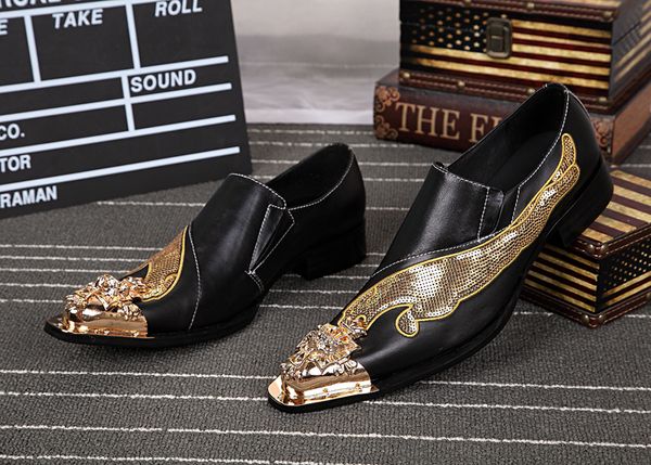 

metal pointed toe genuine leather casual men shoes business leisure party shoes fashion sequins design career show, Black