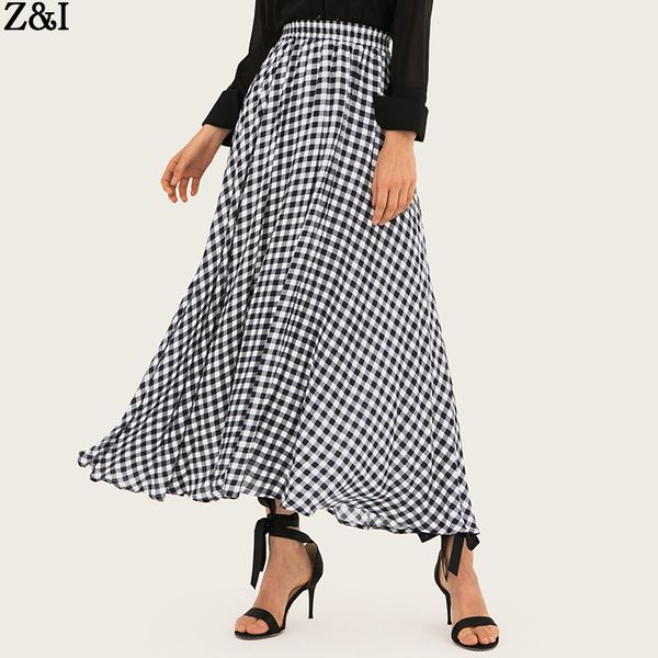 

ladies elastic skirts summer 2019 plaid skirt fashion print high waist beach skirt female elegant a-line long skirts for women, Black