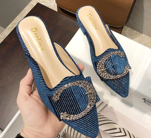 

pointy and semi-baotou women's slippers new 2019 summer fashion diamond metal buckle noble women's casual moller shoes mules, Black