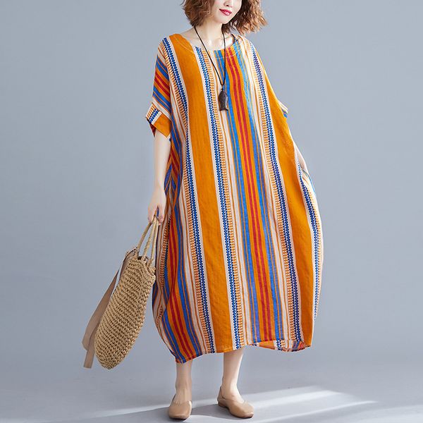 

casual dresses johnature summer dress 2021 loose striped women clothes pockets o-neck short sleeve mid-calf length ladies, Black;gray