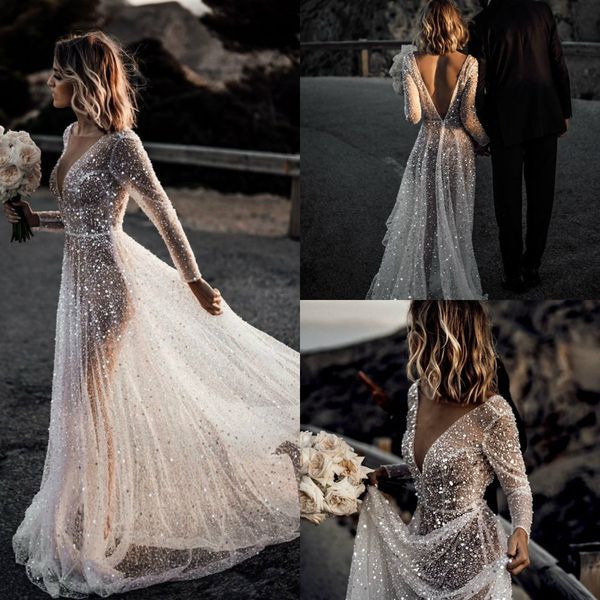 

2020 bohemian wedding dresses v neck lace tulle sequins long sleeve beach wedding dress sweep train backless boho vestidos de novia, White