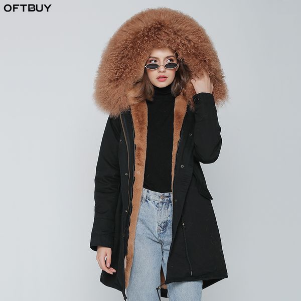 

ofbut 2019 winter jacket women real fur coat long parka natural mongolia sheep fur collar hood thick warm streetwear brand new, Black