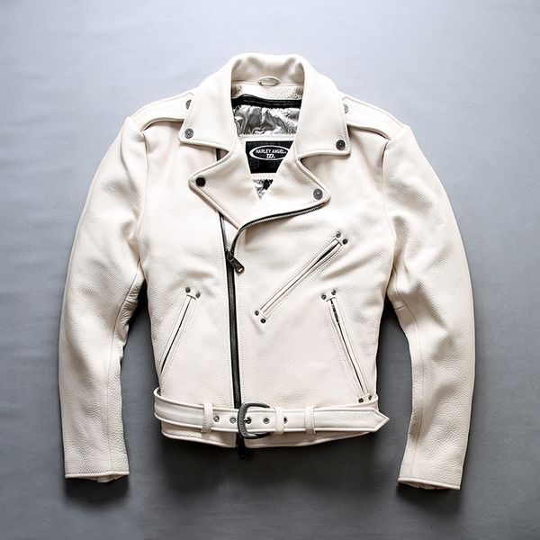 

2019 men's fashion white cow leather motorcycle jacket with belt lapel zipper genuine leather jacket men biker coat male, Black