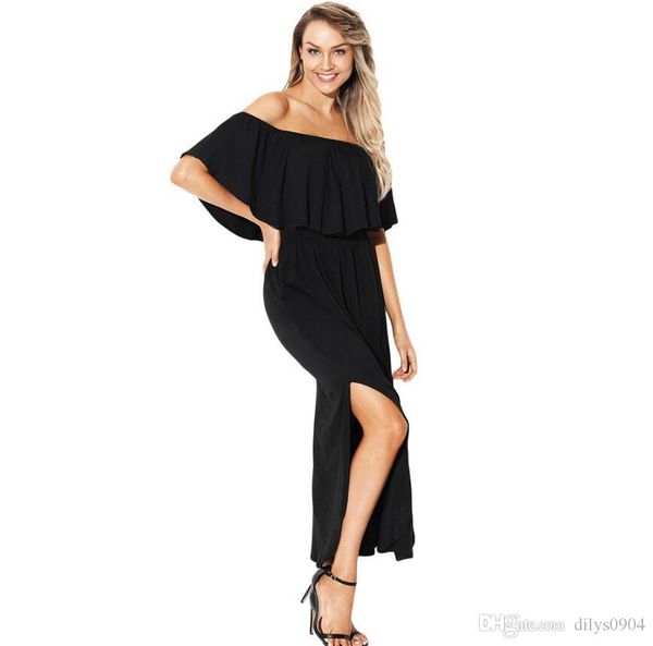 

new fashion women's clothes full dress strapless a word collar short sleeve high waist medium length dress casual dr, Black;gray