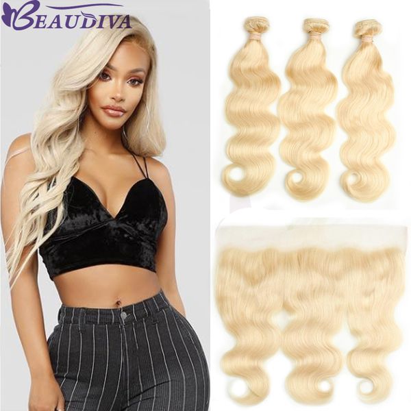 

brazilian virgin hair 613 blonde body wave human hair weave bundles with lace frontal 13*4 ear to ear lace frontal with baby hair, Black;brown