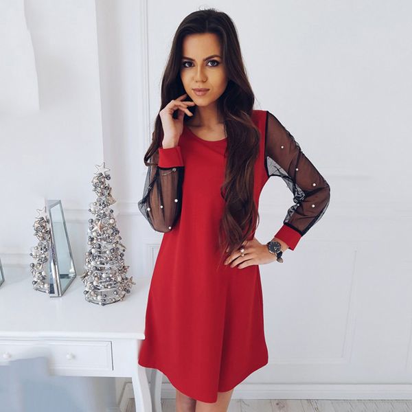 

elegant womens dresses pearl beading mesh sleeve tunic dress autumn black boat neck long sleeve straight dress, Black;gray
