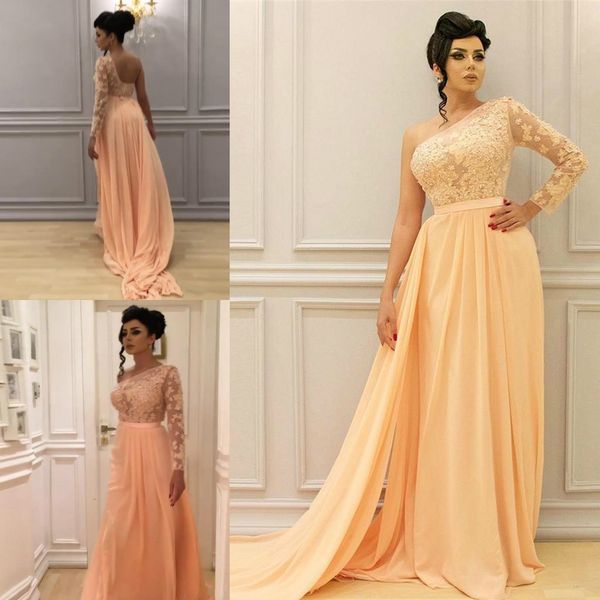 Modest Um Ombro Chiffon Vestidos de Noite de Renda Manga Longa Applique Formal Arbric Robe De festa Soiree Long Prom Vestidos Pageant Vestidos