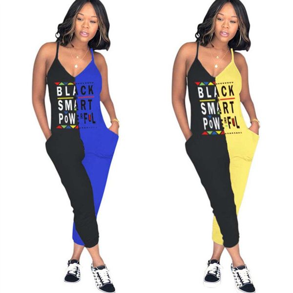 

black smart letter women jumpsuits leeveless strap rompers ninth pants v-neck two-color stitching jumpsuit overalls summer outfits s-3xl, Blue
