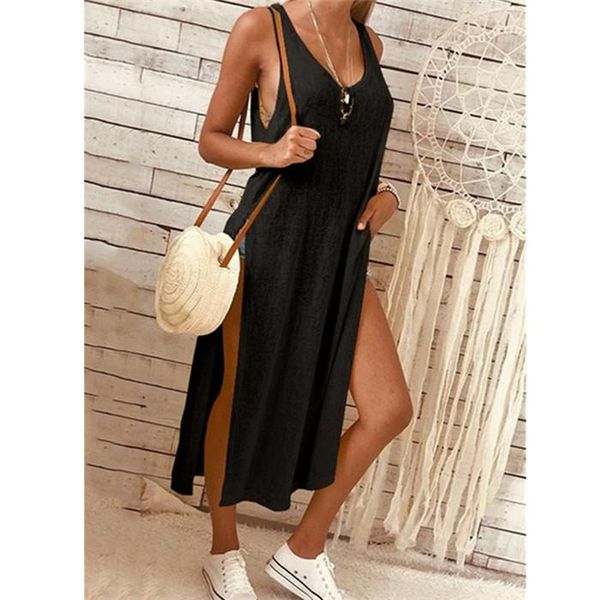 

fashion slit dress summer sleeveless loose short sleeve roun neck dress womens solid color, Black;gray