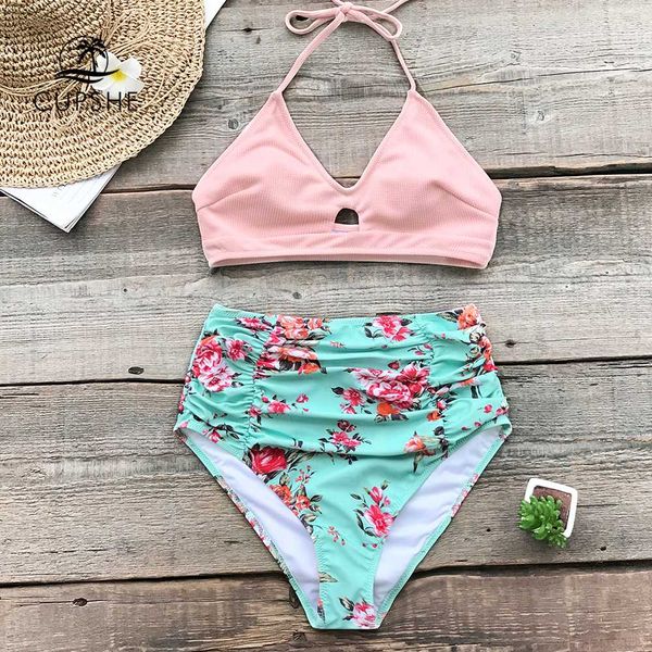 

cupshe pink and floral high-waisted bikini sets women halter two pieces swimsuits 2019 girl beach bathing suits swimwear