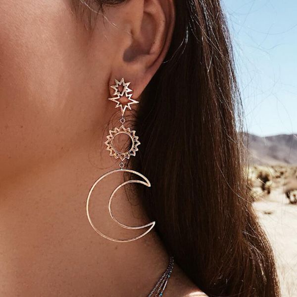 

designer jewelry bohimian dangle earrings stars sun moon pendant stud earrings ethnic geometry shape earrings for women, Silver