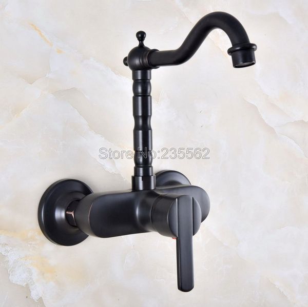 

oil rubbed black bronze wall mounted swivel spout bathroom sink faucet double handle mixer tap lnf845