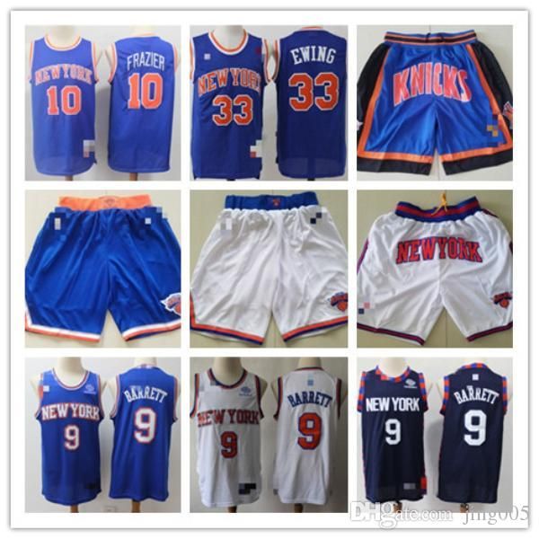 

mens new york knicks 33 patrick ewing 10 walt frazier 9 r.j. barrett basketball shorts basketball jerseys, Black;red
