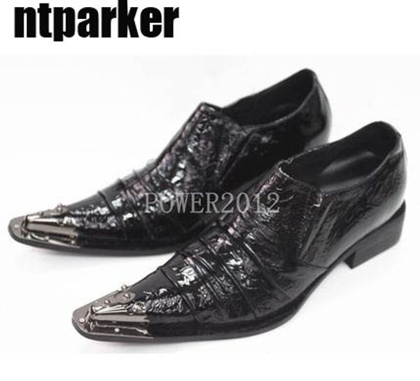 

ntparker y2016 new vintage rock style leather man's leather shoes personality pointed toe with metal toe shoes for man,eu38-46, Black