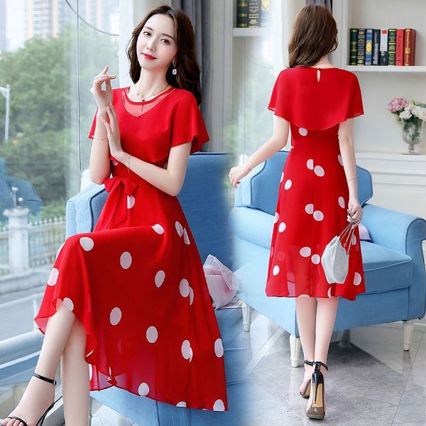 

2020 new summer women chiffon slim fit dots print casual dress maxi pleated cinched waist patchwork dresses plus size 5xl s71, Black;gray