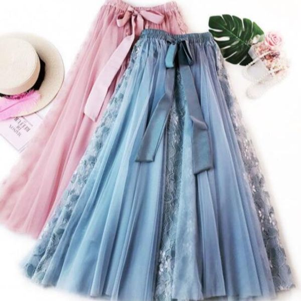 

2020 new tulle skirt elegant lace stitching pleated tutu skirts women vintage long skirt lolita saias faldas female dv565, Black