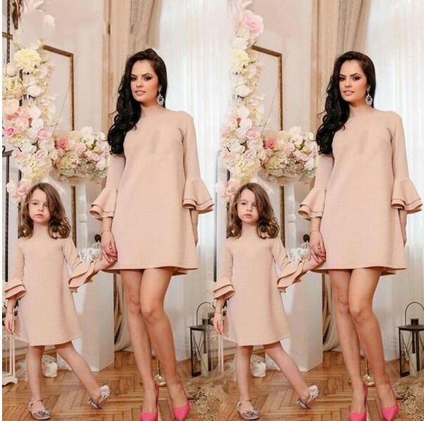 

mother daughter family matching fashion long sleeve ruffles solid tutu dress evening party mini dresses women baby girls clothes, Blue
