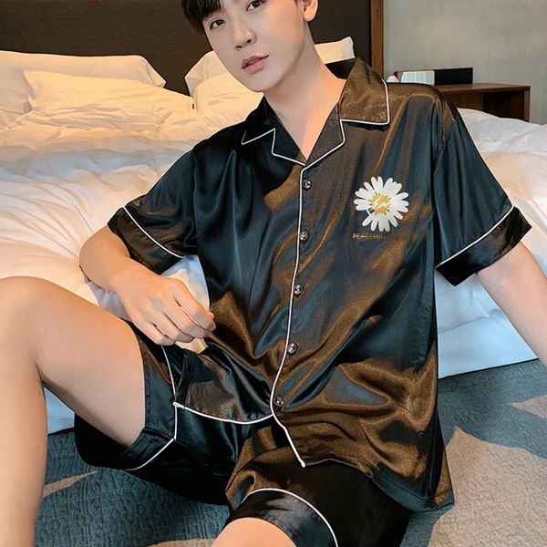

qweek silk mens pajamas spring summer short sleeve thin satin mens home clothes plus size pijama hombre 2020, Black;red