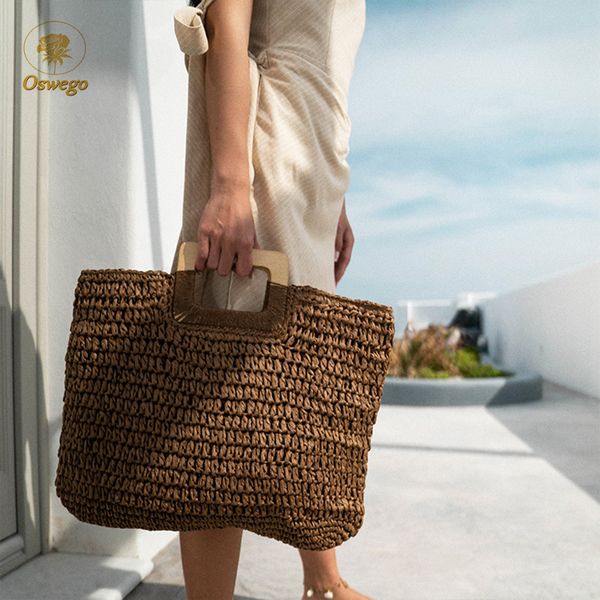 

осуиго соломы сумка с деревянной ручкой большой емкости для бумаги rope сплетенные соломы мешок 2019 новая мода на летние каникулы travel be