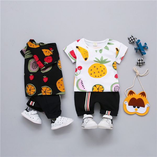 

baby boy summer clothes set for toddler kids clothing cartoon printed fruit short sleeve tshirt + pants boy suit 1 2 3 4 years, White