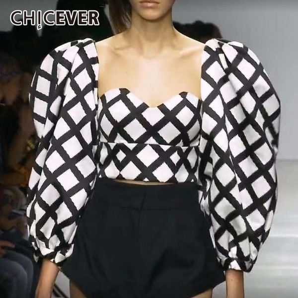 

chicever plaid hit color blouses female square collar lantern long sleeve tunic shirts for women 2019 fashion clothing new tide, White