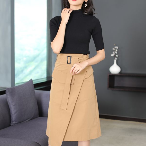 

2019 spring summer turtleneck half knitted black color + khaki pockets skirt with belt 2 pieces sets, White
