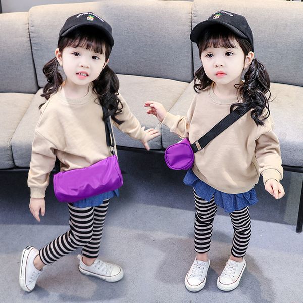 

autumn winter new fashion children kids girls long sleeve sweep joint cowboy tracksuit stripe pants outfits set z4, White