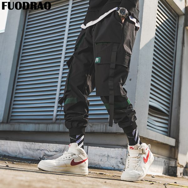 

fuodrao joggers pants men ribbon pockets cargo pants hip hop harem men streetwear casual sweatpants male trousers k232, Black