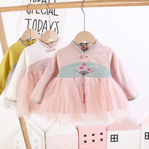 

chinese style baby girls princess party ball dress flower embroidery infant kids dresses vintage toddler mesh patchwork vestidos, Red;yellow