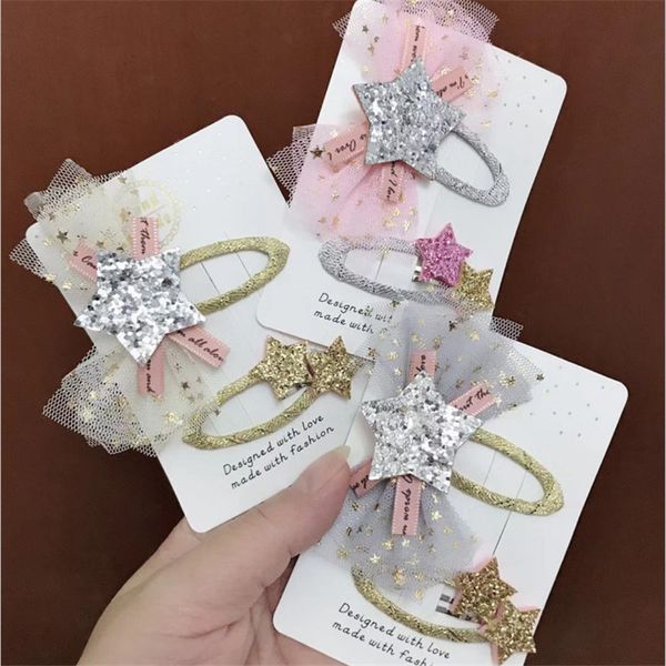 

20set/lot girls hair bows bb clips net yarn bow glitter star princess hair barrettes hairpins sweet hairgrips accessories, Slivery;white