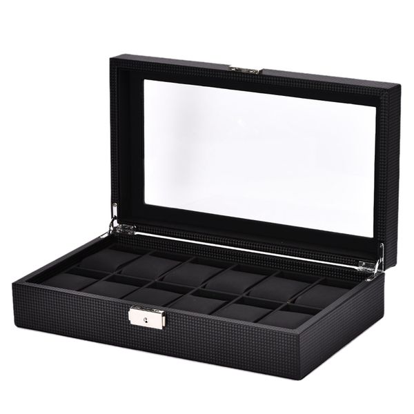 

12 grid watch box black carbon fiber outer pu leather inner pillow case storage storage box watch bracket, Black;blue