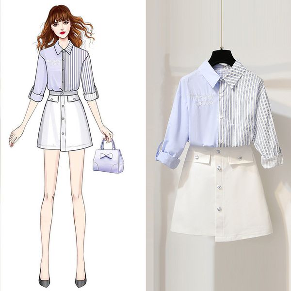 

2019 ichoix 2 pieces sets women s-xl office ladies suits striped shirt and white skirt sets two pieces outfit summer casual