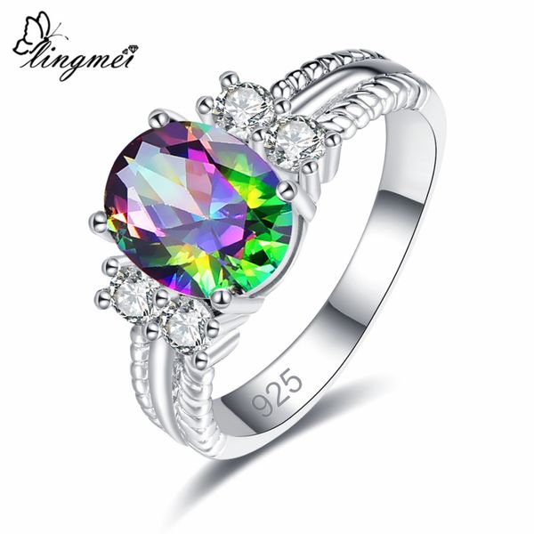 

lingmei dropshipping fashion oval cut multicolor & white cubic zircon silver 925 jewelry ring size 6 7 8 9 wedding nice gifst, Slivery;golden