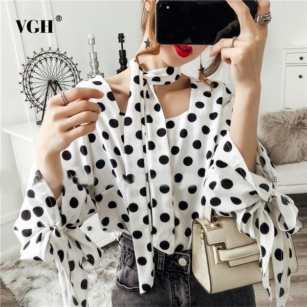 

vgh spring women sweet long sleeve chiffon shirt bandage bow polka dot slim hem 2019 women's fashion clothing new tide korean, White