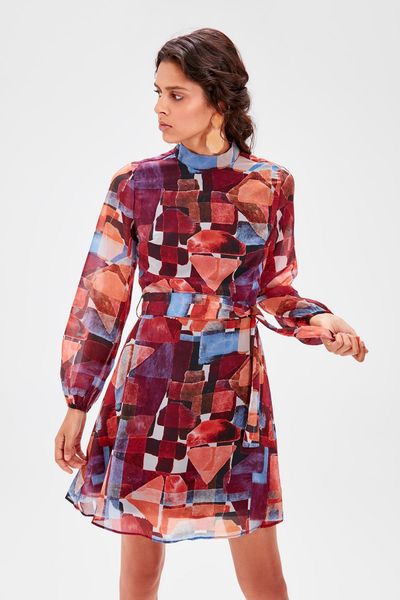 

trendyol multicolour pattern sheer neckline dress twoaw20el0499, Black;pink