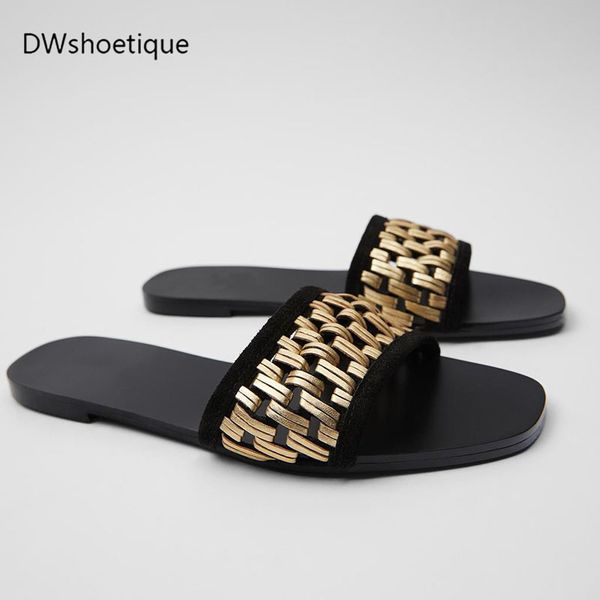 

summer woven beach women slides casual slip on women flat slippers, Black