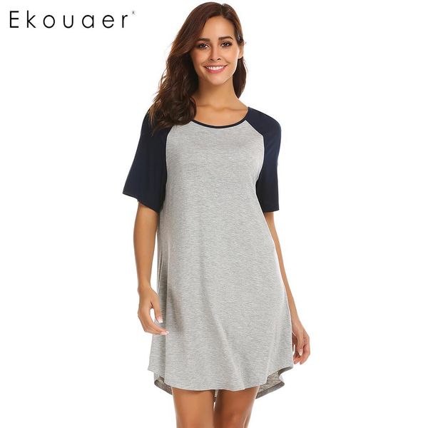 

ekouaer soft loose nightgown nightwer dress women short sleeve sleepshirts patchwork irregular hem night dress female nighties, Black;red