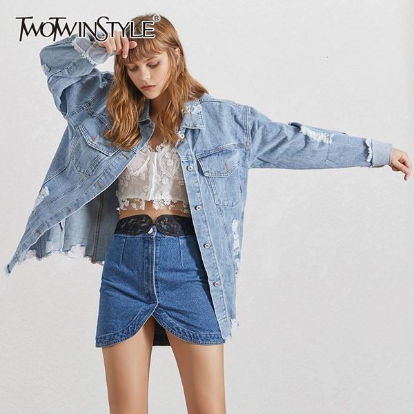 

twotwinstyle autumn denim jackets for women lapel collar long sleeve ripped hole tassel coats female fashion clothing 2019 tide, Black;brown